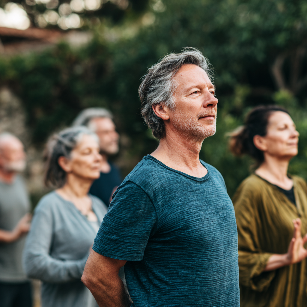 Middle-aged adults practicing gentle movement exercises in natural setting